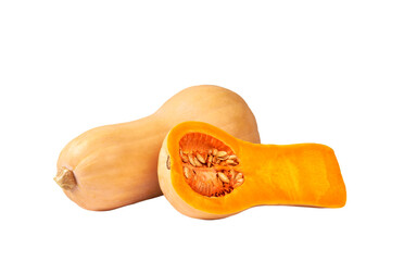 whole and half ripe butternut squash isolated on white background.