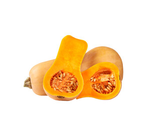 whole and sliced raw butternut squash isolated on white background.