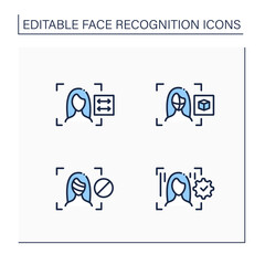 Face recognition line icons set. Authentication by facial recognition.Face reader, 3d recognition. Verification process.Identity detection concept. Isolated vector illustrations.Editable stroke