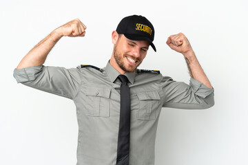 Young security Brazilian man isolated on white background doing strong gesture