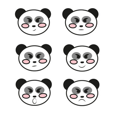 Set of 6 pandas with different emotions, funny simple stickers.