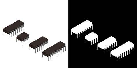 3D rendering illustration of some integrated circuits chips