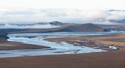 Icelandic highlands with glacier river flow