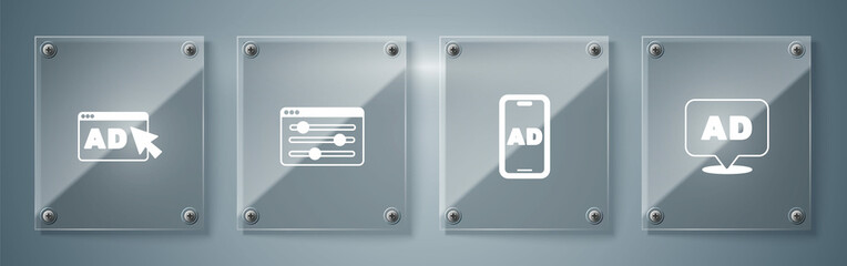 Set Advertising, , Browser setting and . Square glass panels. Vector