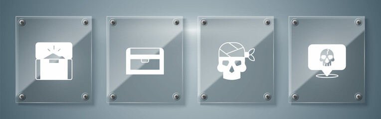 Set Skull, Pirate captain, Antique treasure chest and . Square glass panels. Vector