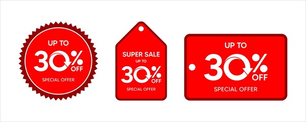 Discount up to 30 percent, promotion label on red color sticker isolated on white background, special offer sales promotion discount. vector template illustration