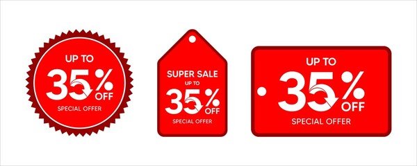 Discount up to 35 percent, promotion label on red color sticker isolated on white background, special offer sales promotion discount. vector template illustration