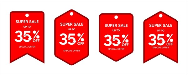 Discount up to 35 percent, promotion label on red color sticker isolated on white background, special offer sales promotion discount. vector template illustration