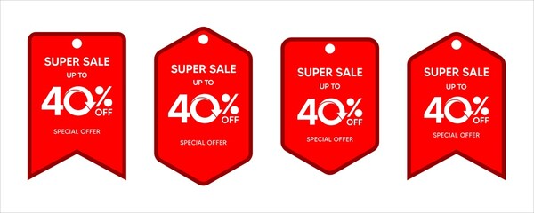 Discount up to 40 percent, promotion label on red color sticker isolated on white background, special offer sales promotion discount. vector template illustration