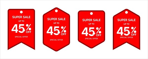 Discount up to 45 percent, promotion label on red color sticker isolated on white background, special offer sales promotion discount. vector template illustration