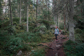 Naklejka na ściany i meble Woman hiking along footpath in the forest in Tiveden National Park in Sweden.