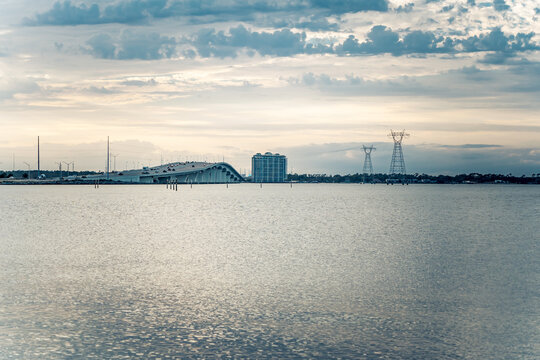 Scenic shot of the ocean and the Panam city bridge on the background, United States