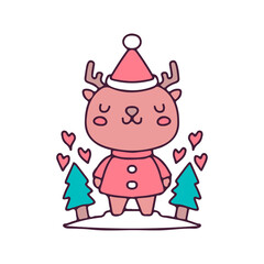 Cute reindeer in Santa costume celebrate Christmas .illustration for t shirt, poster, logo, sticker, or apparel merchandise.