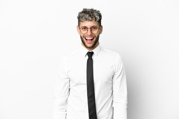 Business caucasian man isolated on white background with surprise facial expression