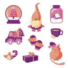New Year's illustrations, postcards, patterns, New Year's set, elements. for new year and Christmas. A car with Christmas trees, a New Year's cat, a gnome, a can of snow, mittens, warm tea, 