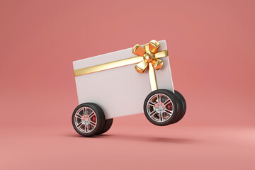 Gift Card on Wheels with Gold Bow on pink studio background