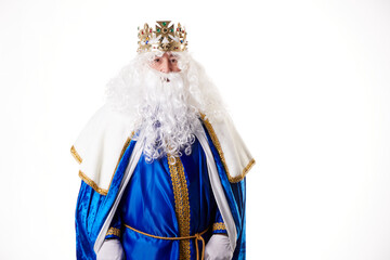 A king with white hair and beard on white background