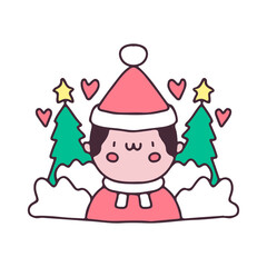 Cute kid with Santa costume and Christmas tree .illustration for t shirt, poster, logo, sticker, or apparel merchandise.