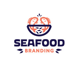 Seafood restaurant graphic badge logo icon design Cute cheerful fishes in poke bowl with veggies illustration Healthy raw low carbs calorie diet Asian Hawaiian food Fish market