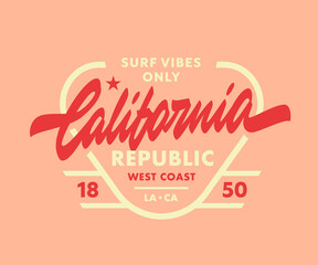 California Republic hand lettered t shirt graphic print. Golden State Apparel Graphics. West Coast Inspired Vintage Design. Retro Fashion Surf Inspired California Lettering