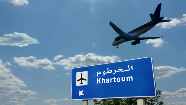 Plane Landing In Khartoum Sudan Airport With Signboard