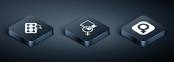 Set Isometric Packaging of birth control pills, Male gender and Book about women icon. Vector