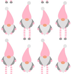 Vector seamless pattern of flat colored Scandinavian gnome isolated on white background