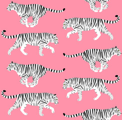 Vector seamless pattern of white flat tigers isolated on pink background