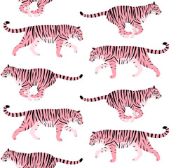 Fototapeta na wymiar Vector seamless pattern of pink flat tigers isolated on white background