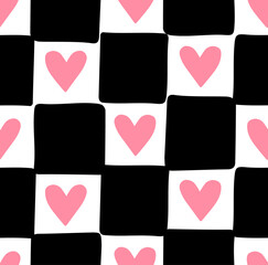 Vector seamless pattern of black hand drawn sketch doodle chessboard checkered texture and hearts isolated on white background
