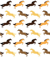 Vector seamless pattern of colored flat jumping horse isolated on white background