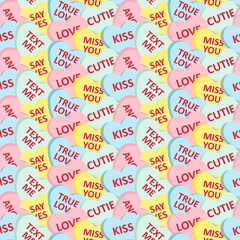 Vector seamless pattern of flat cartoon Valentine’s heart candies with text