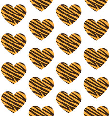 Vector seamless pattern of flat heart with tiger stripes print isolated on white background