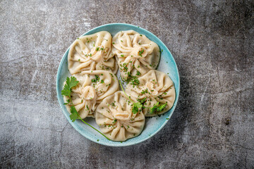 Georgian dumplings Khinkali with meat, greens and tomato spicy sauce Satsebeli against the background of a gray stone table
