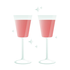 Transparent wine glasses with a drink isolated on a white background. Festive toast. A pair of beautiful glass goblets clink and sparkle. Cute illustration for postcards. 