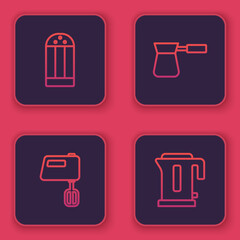 Set line Salt, Electric mixer, Coffee turk and kettle. Blue square button. Vector