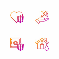 Set line House flood, Safe with shield, Life insurance and Umbrella hand. Gradient color icons. Vector