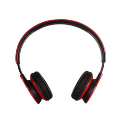 Wireless stereo headphones in red and black colors on a white isolated background