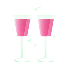Transparent wine glasses with a drink isolated on a white background. Festive toast. A pair of beautiful glass goblets clink and sparkle. Cute illustration for postcards. Vector.
