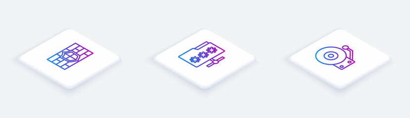 Set Isometric line Shield with brick wall, Folder password and Ringing alarm bell. White square button. Vector