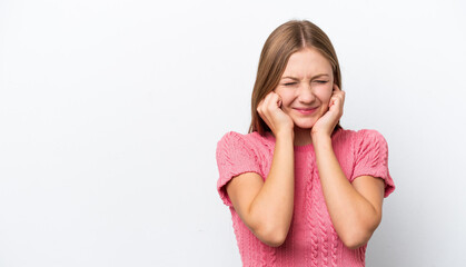 Fototapeta premium Young Russian woman isolated on white background frustrated and covering ears