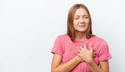 Fototapeta premium Young Russian woman isolated on white background having a pain in the heart