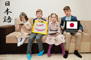 Four kids show inscription learn japanese. Foreign language learning concept.