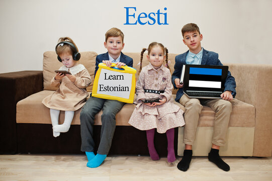 Four kids show inscription learn estonian. Foreign language learning concept. Eesti.