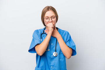 Young nurse doctor woman isolated on white background is suffering with cough and feeling bad