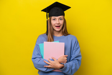 Young student Russian woman isolated on yellow background with surprise facial expression