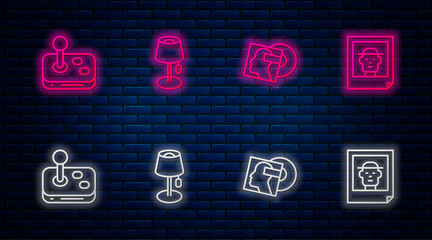 Set line Floor lamp, Vinyl disk, Joystick and Photo. Glowing neon icon on brick wall. Vector