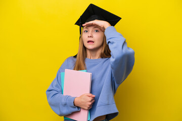 Young student Russian woman isolated on yellow background doing surprise gesture while looking to the side