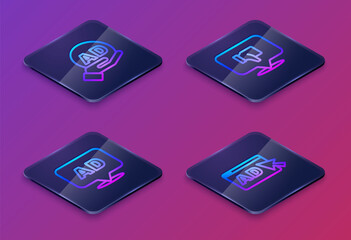 Set Isometric line Advertising, , Dislike speech bubble and . Blue square button. Vector