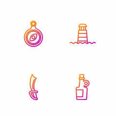 Set line Alcohol drink Rum, Pirate sword, Compass and Lighthouse. Gradient color icons. Vector